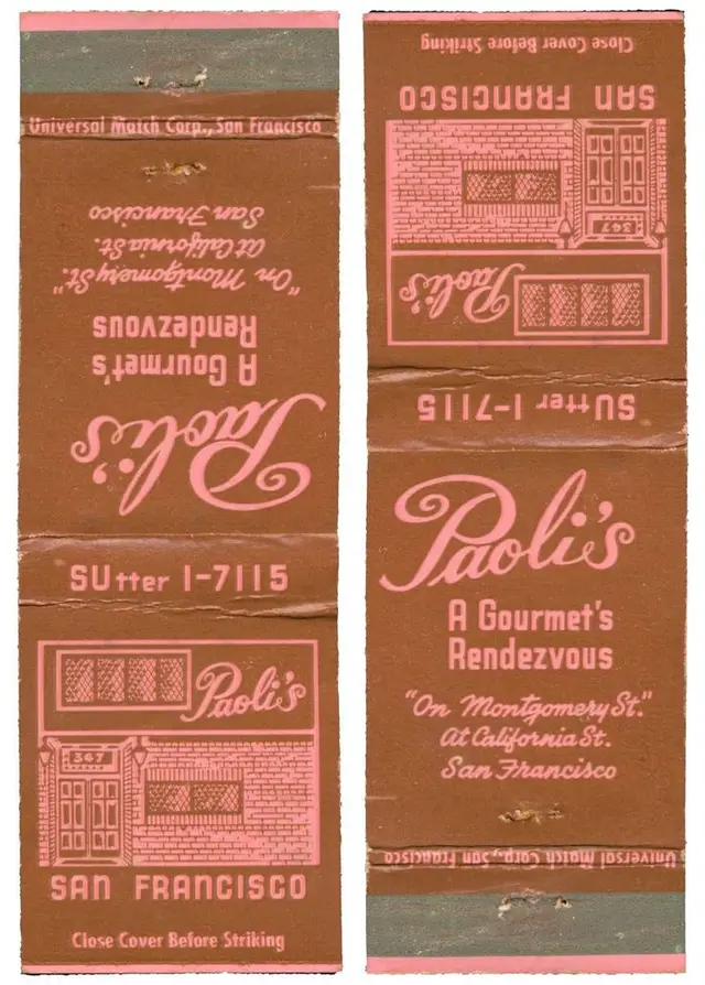 Vintage Paoli's matchbook cover — San Francisco (brown & pink)