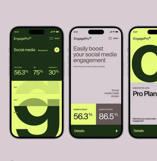 EngagePro mobile UI mockups — social media metrics dashboard