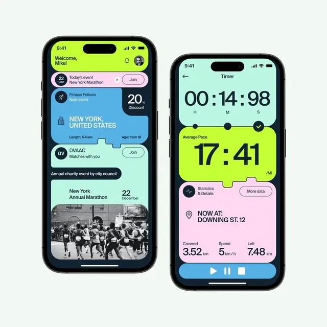 iPhone mockups — running app UI with event listing and pace timer