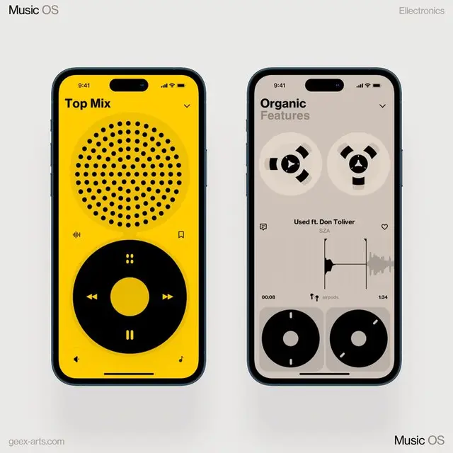 Music OS mobile UI concept — yellow speaker & reel-to-reel player screens