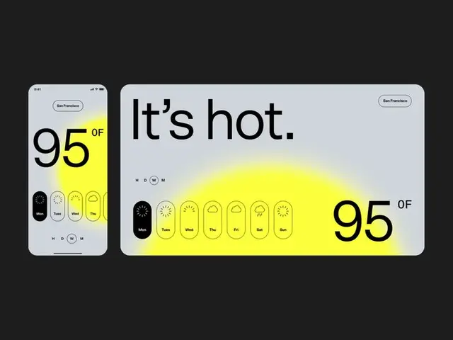 Minimal weather app UI mockup — large 95° temperature with yellow heat glow