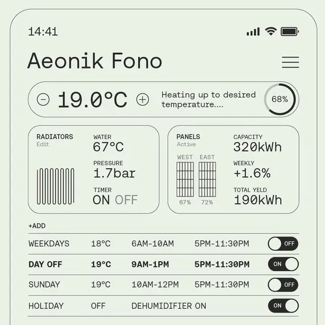 Aeonik Fono — Minimal Smart Thermostat & Energy Dashboard (mobile UI)