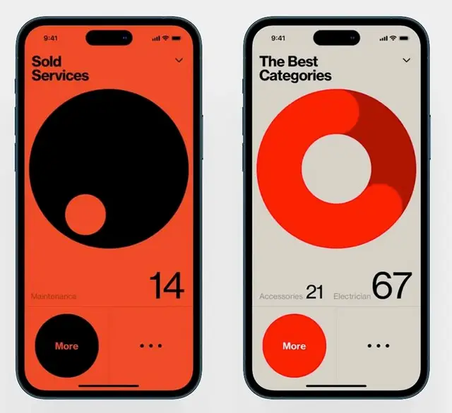 Mobile app dashboard mockups with bold circular infographics (red/black)