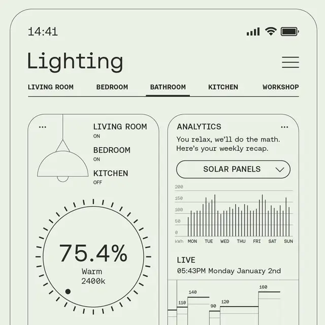 Smart lighting mobile UI — dimmer dial and energy analytics