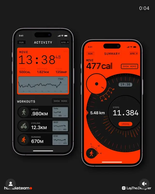 High-contrast orange & black fitness app UI on two iPhone mockups