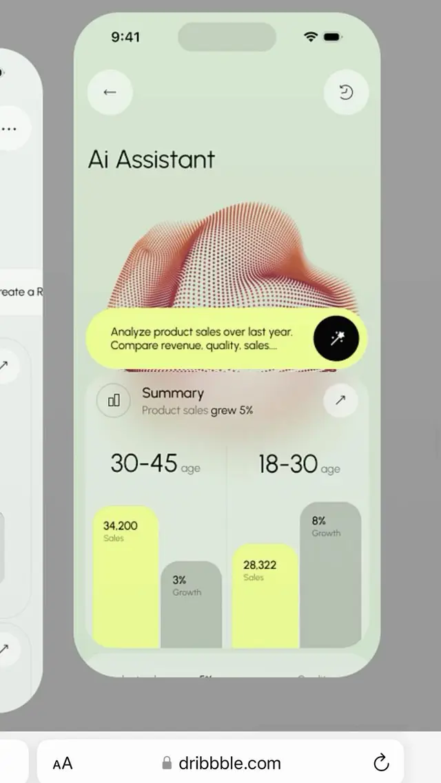 Mobile AI Assistant analytics UI — age-segment sales dashboard