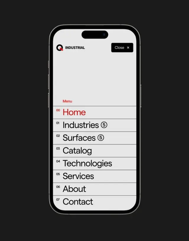 Minimal mobile menu UI mockup — 'INDUSTRIAL' navigation