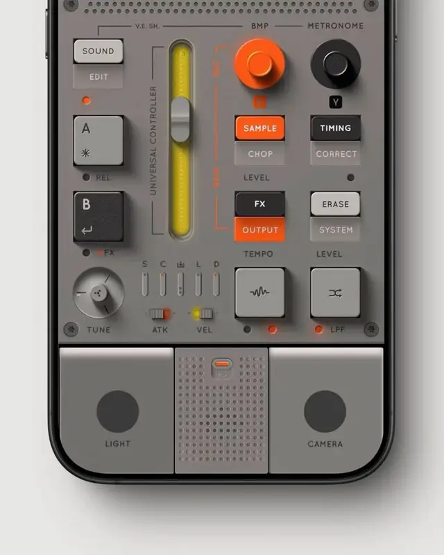 Matte-gray smartphone UI modeled as compact hardware music controller