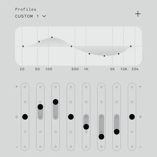 Minimal grayscale audio equalizer UI with frequency-response graph