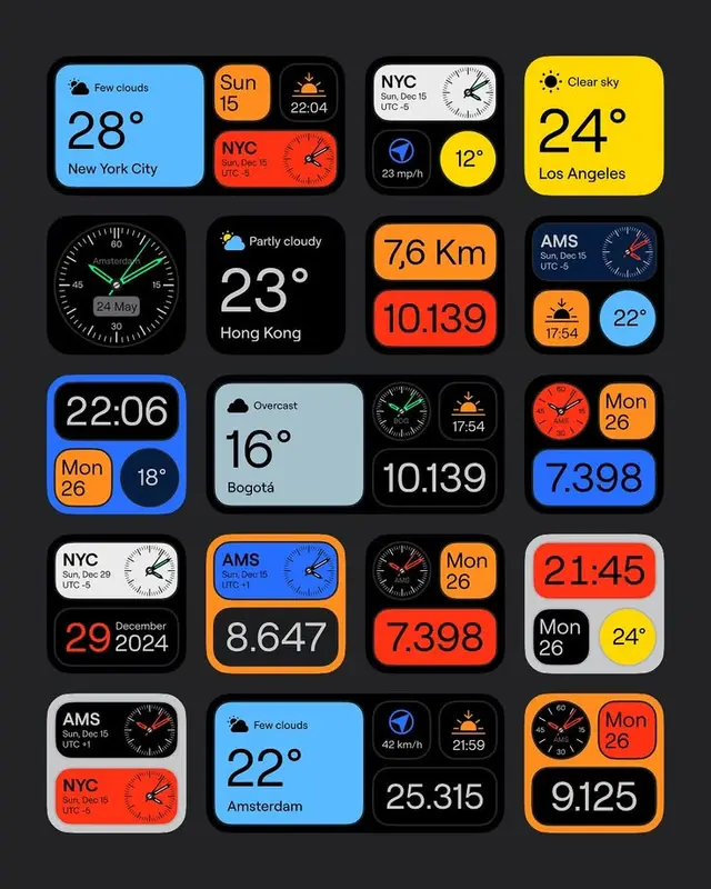 Smartwatch-style weather & clock widget grid