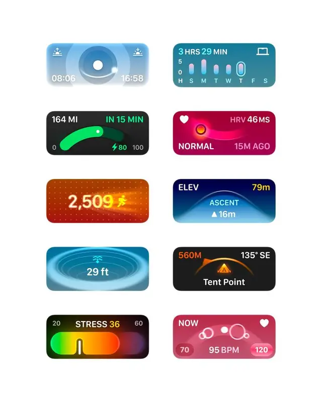 Set of 10 colorful rounded-corner smartwatch UI widgets (health + outdoor metrics)