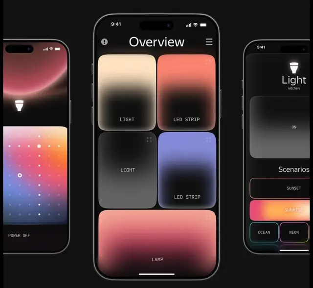 Dark-mode iOS smart lighting UI with gradient control tiles