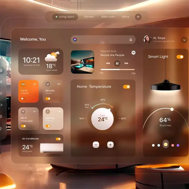 Warm brown glassmorphism smart‑home dashboard UI