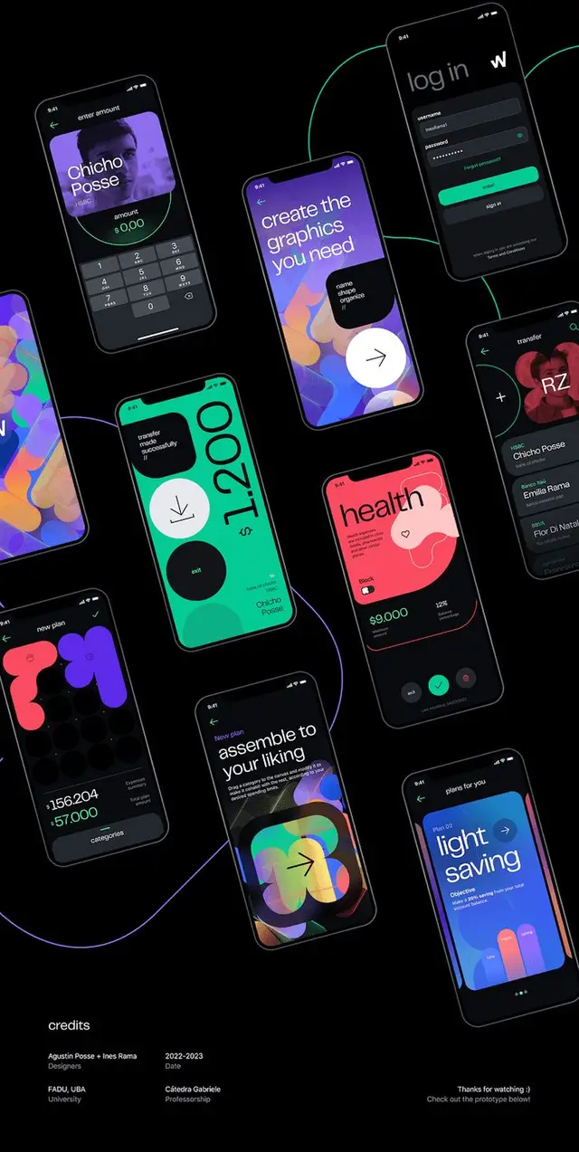 Dark iPhone UI mockup set with colorful gradient blobs