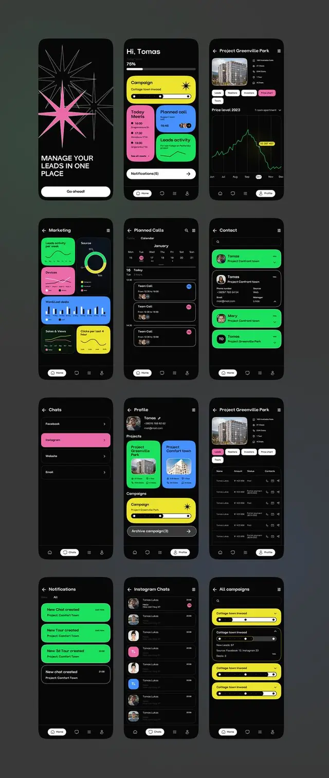Dark‑mode CRM mobile UI kit — lead management dashboard