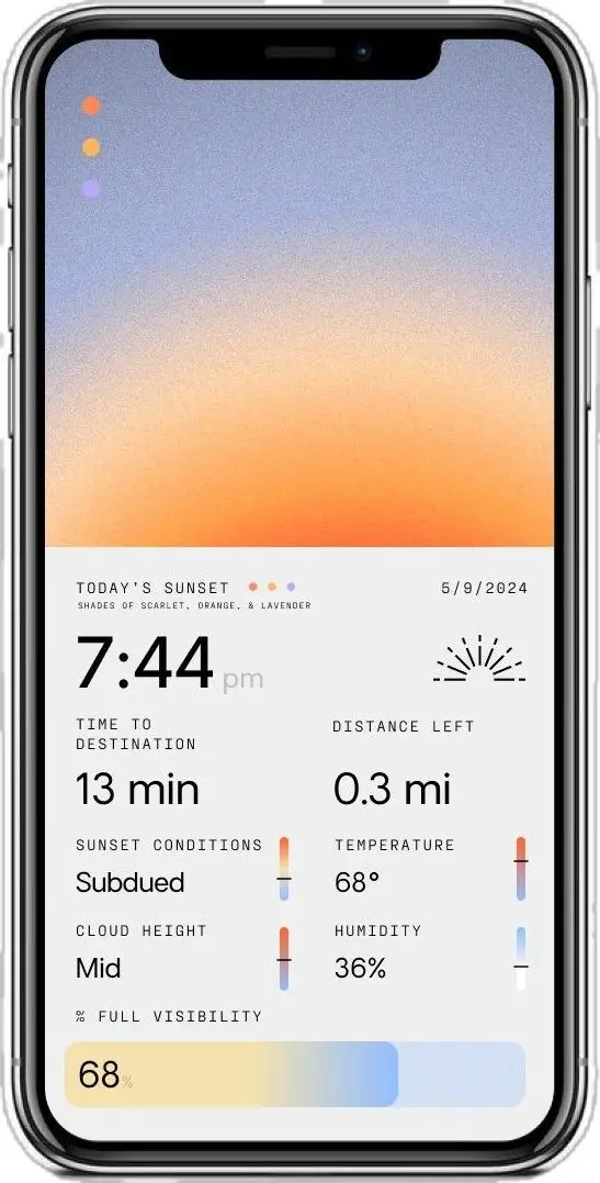 Sunset tracker UI — 7:44 pm, 5/9/2024 — gradient sky card