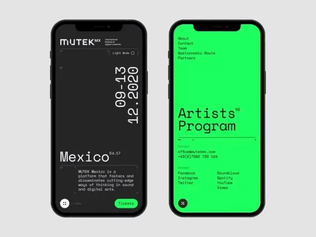 MUTEK MX mobile UI — Mexico event & Artists Program screens