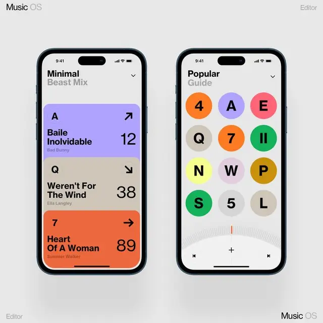 Music OS — colorful mobile playlist UI mockup