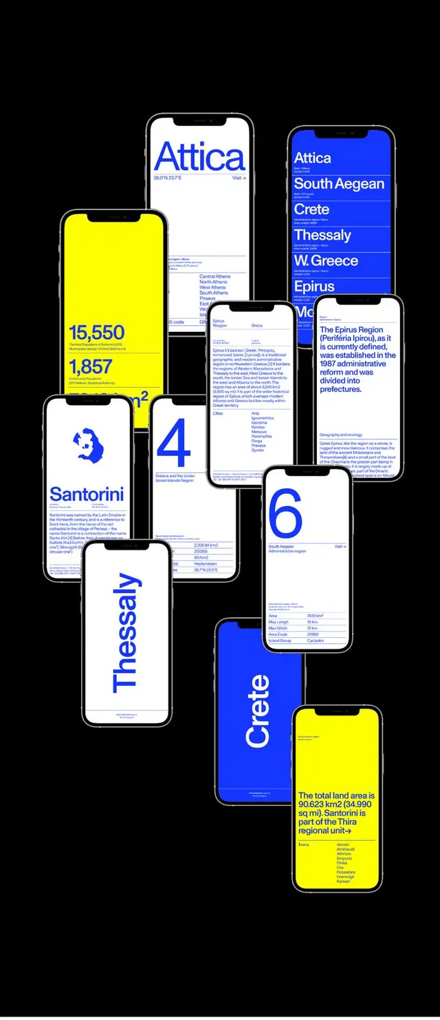 Mobile UI mockups — Greek region cards (Attica, Crete, Santorini)