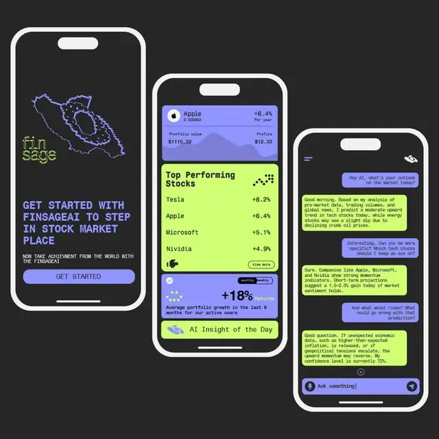 Dark neon fintech mobile UI — Finsage AI stock app mockup