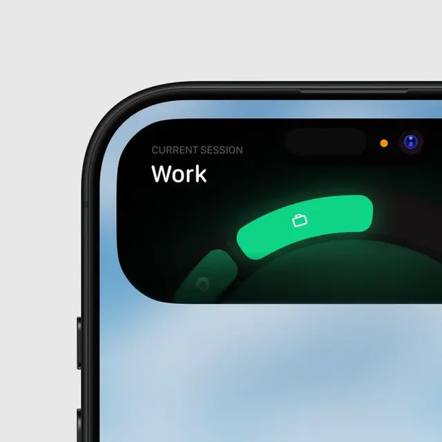 iPhone top-corner UI close-up showing 'Work' session pill