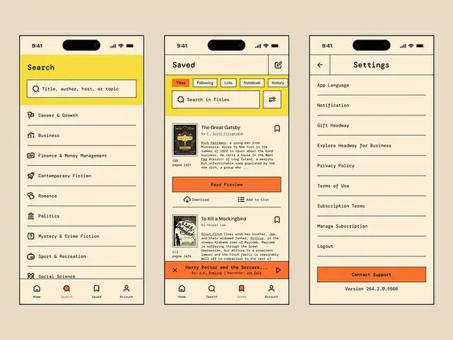 Headway mobile reading app UI — Search, Saved, Settings (three-screen mockup)