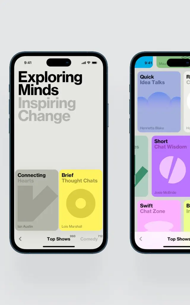 Mobile UI mockups showing podcast/show cards with bold headline