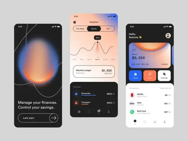 Mobile finance app UI — gradient hero, analytics chart, and account dashboard