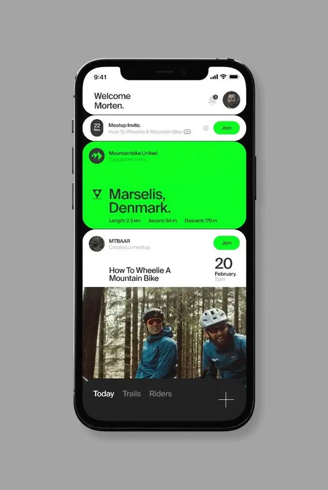 Mountain biking meetup app UI — Marselis, Denmark