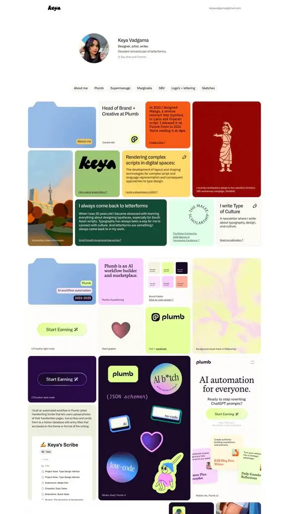 Keya Vadgama portfolio — colorful card-based web UI showcasing Plumb branding