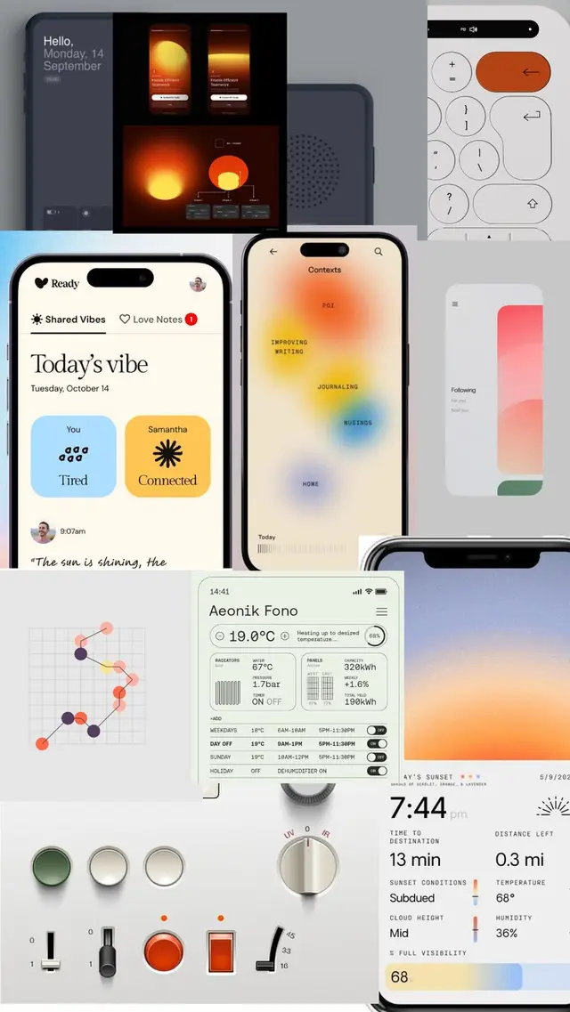 Mobile UI collage: mood cards, gradient context map, dashboard and skeuomorphic controls