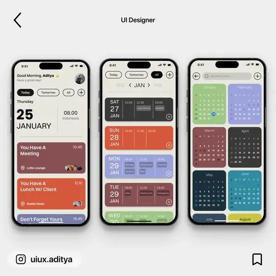 iPhone calendar UI — color-coded card agenda and monthly grid