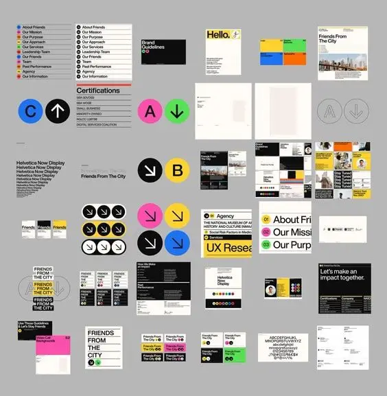 Modular brand guidelines moodboard with colorful circular icons
