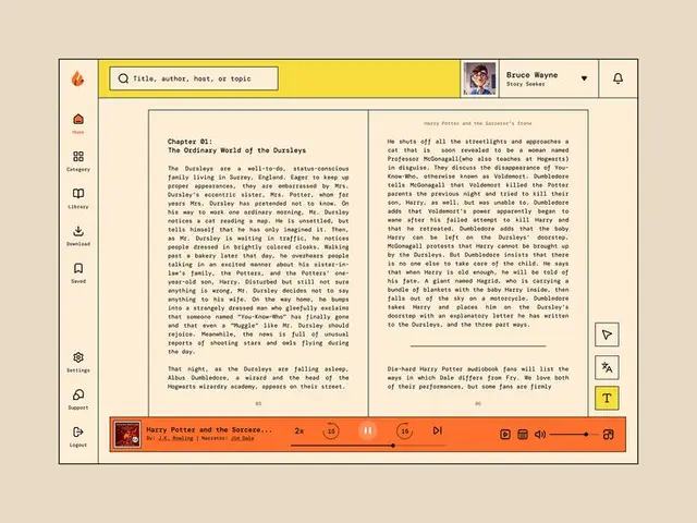 E‑reader UI mockup with Harry Potter audiobook player