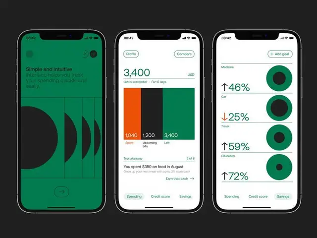 Mobile banking app UI: budget bars and savings goals (three iPhone mockups)