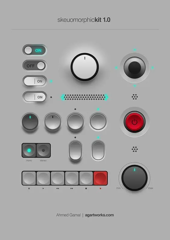 Skeuomorphic UI Kit 1.0 — hardware-style audio controls