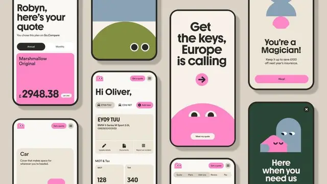 Marshmallow mobile app — pastel insurance UI screens and quotes