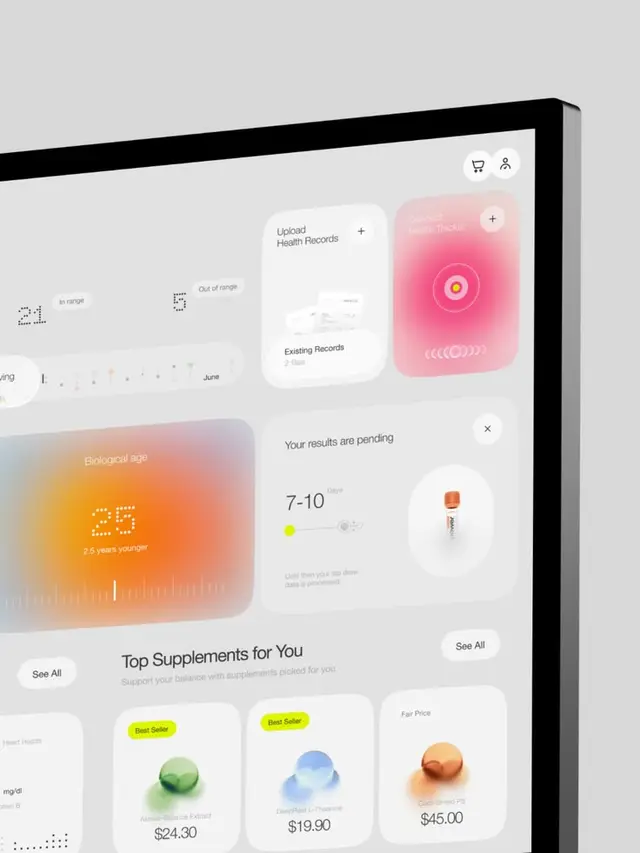Minimal health dashboard UI with glassmorphism cards and supplement product tiles