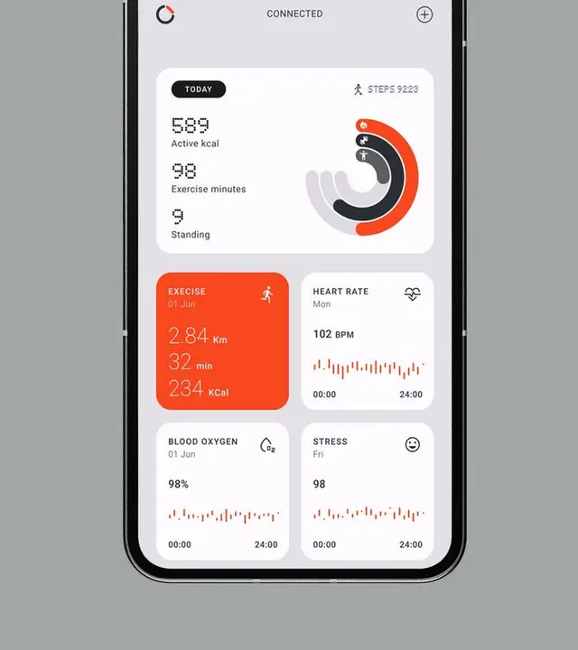 Minimal mobile health dashboard UI — fitness metrics cards