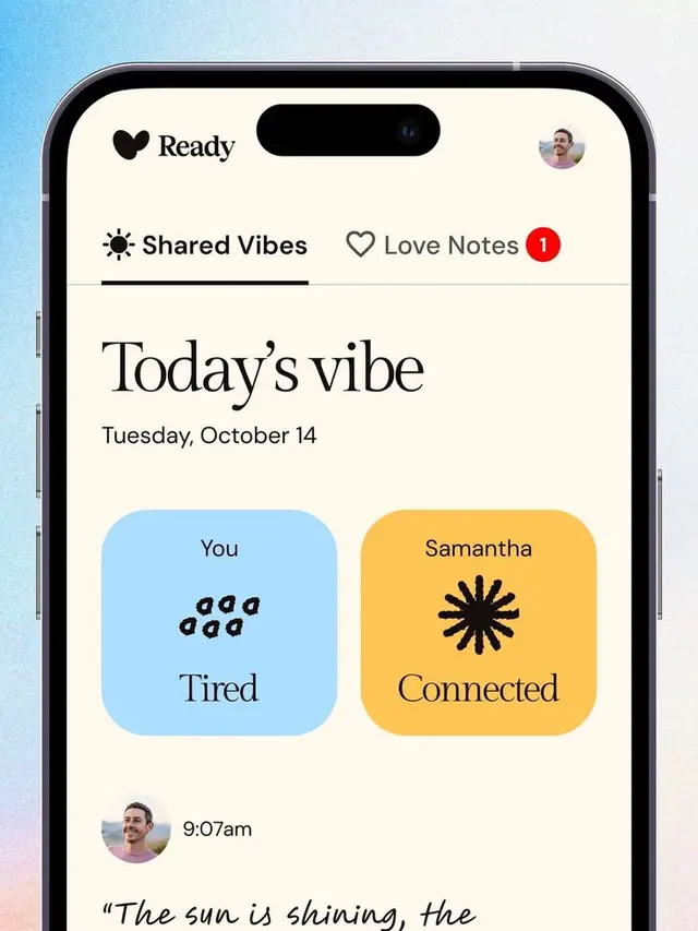 Ready app — "Today's vibe" mood-sharing screen (Tuesday, October 14)