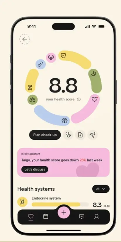 Pastel health app UI — circular health score (8.8)