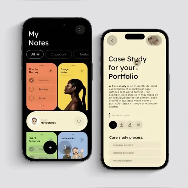 Mobile notes app UI mockups — dark and light iPhone screens with card-based layout