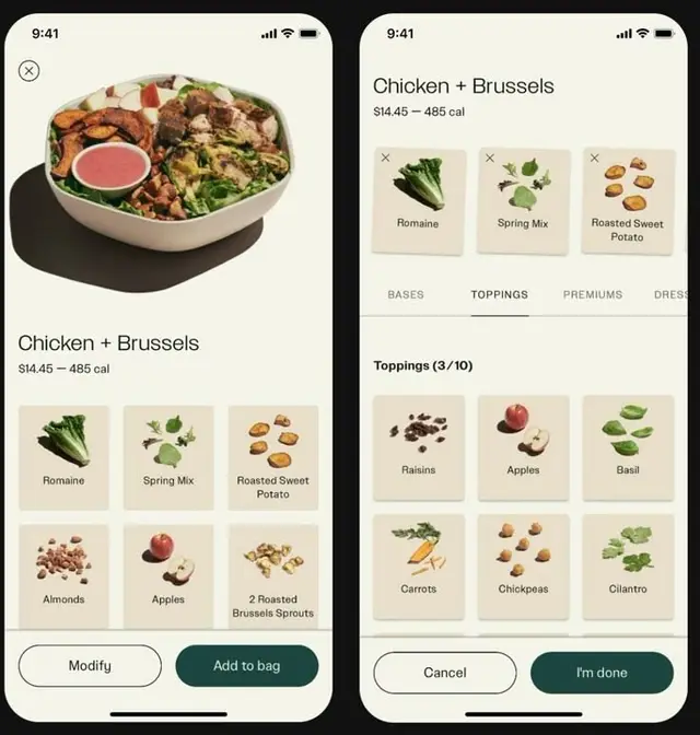 Mobile app menu — 'Chicken + Brussels' salad customization screens