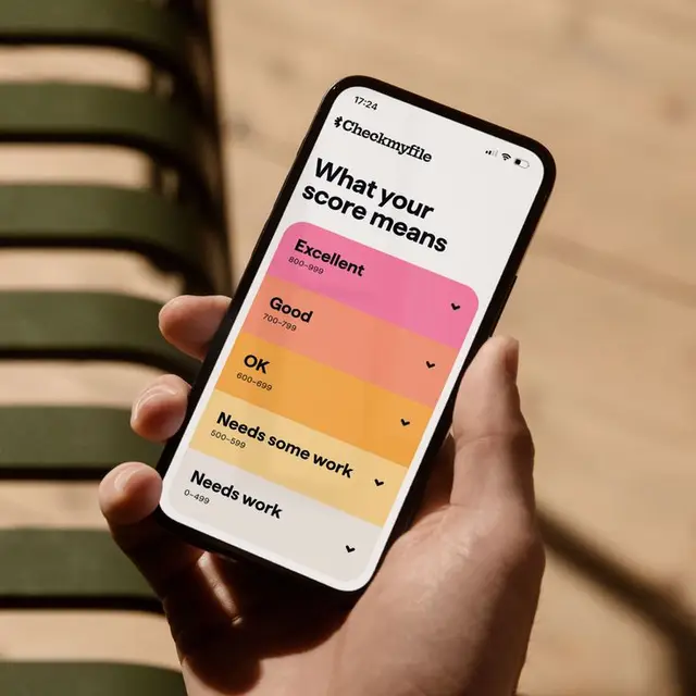 Checkmyfile mobile UI — color‑coded credit score tiers