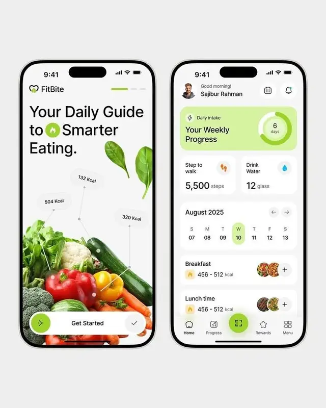 FitBite mobile app UI — onboarding and weekly progress screens