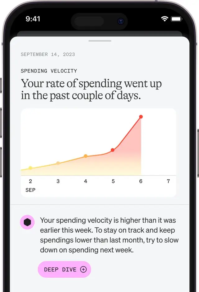 Mobile UI — "Spending Velocity" alert with rising line chart (Sep 14, 2023)