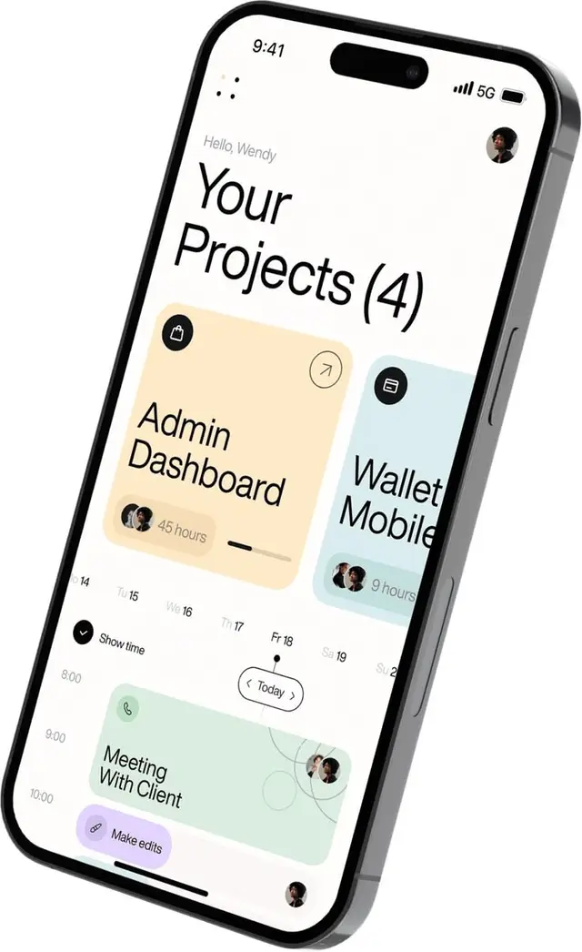 Mobile project dashboard UI with pastel cards and schedule