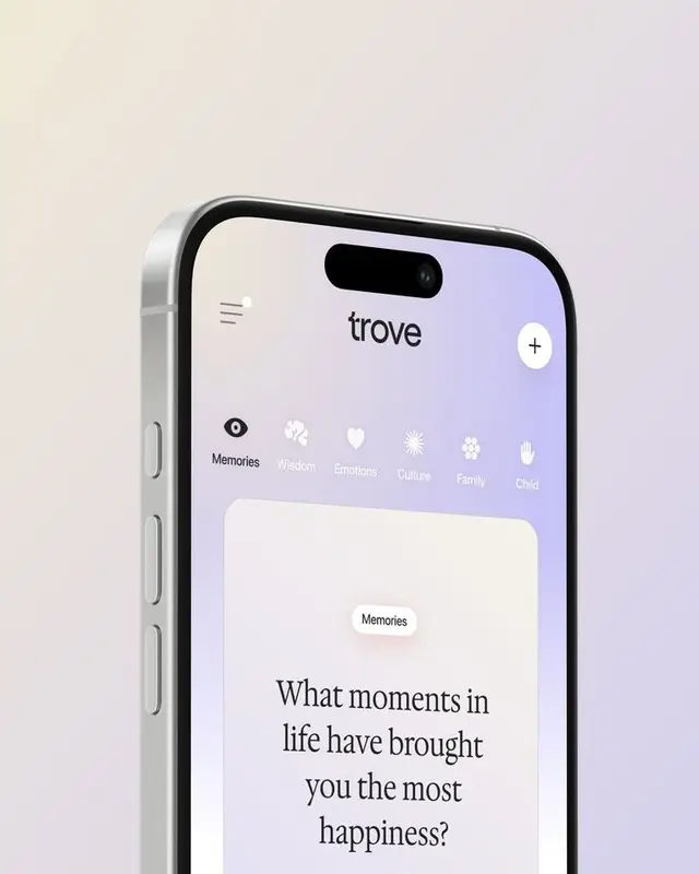 Trove mobile UI — pastel prompt card asking about happy life moments