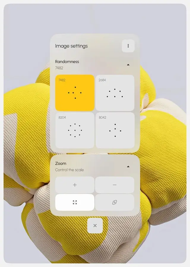 Translucent UI settings overlay on yellow knitted cushion — 3D render