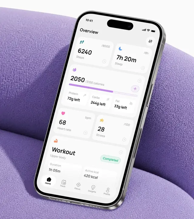 Minimal fitness dashboard UI on smartphone with purple textured background